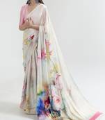 Cream satin crepe digital print saree with blouse