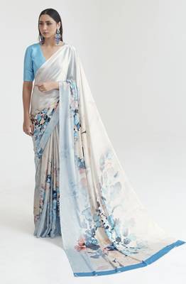 Off white satin crepe digital print saree with blouse 1