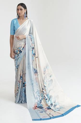 Off white satin crepe digital print saree with blouse