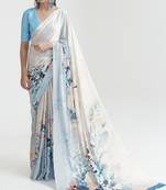 Off white satin crepe digital print saree with blouse