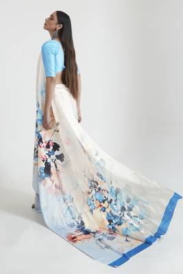 Off white satin crepe digital print saree with blouse 2