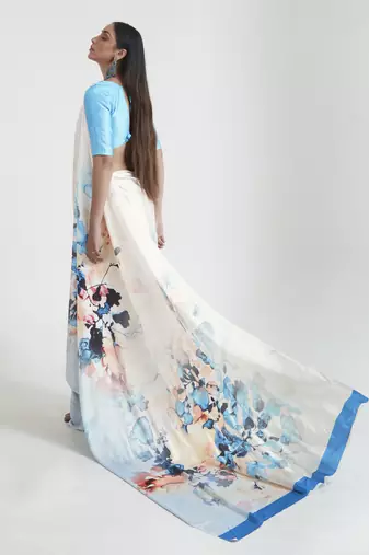 Off white satin crepe digital print saree with blouse