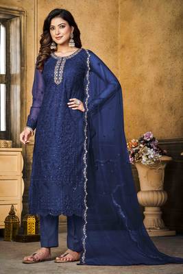 Blue net heavy thread embroidery with sequins work salwar kameez 1