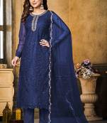 Blue net heavy thread embroidery with sequins work salwar kameez