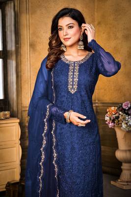 Blue net heavy thread embroidery with sequins work salwar kameez 2