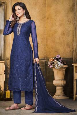 Blue net heavy thread embroidery with sequins work salwar kameez 3