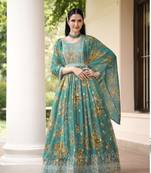 Turkish Blue Color Designer Fancy Salwar Suit In Printed Georgette Fabric With Embroidery As Top Stitched 44 Size