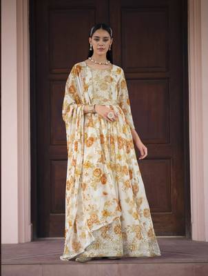 White Color Salwar Suit In Printed Georgette Fabric With Embroidery As Top Stitched 44 Size 1