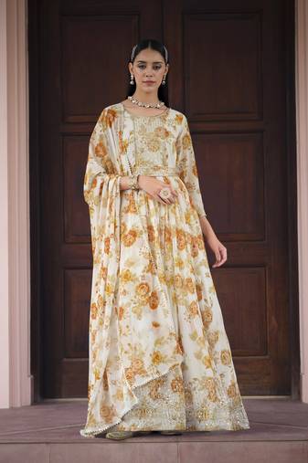 White Color Salwar Suit In Printed Georgette Fabric With Embroidery As Top Stitched 44 Size