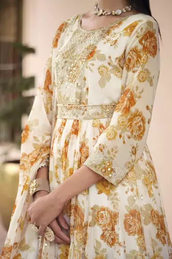 White Color Salwar Suit In Printed Georgette Fabric With Embroidery As Top Stitched 44 Size
