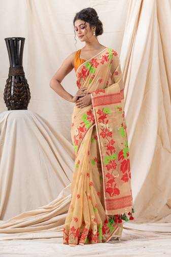 Traditional Tan Flower Soft Dhakai Jamdani Saree Without Blouse