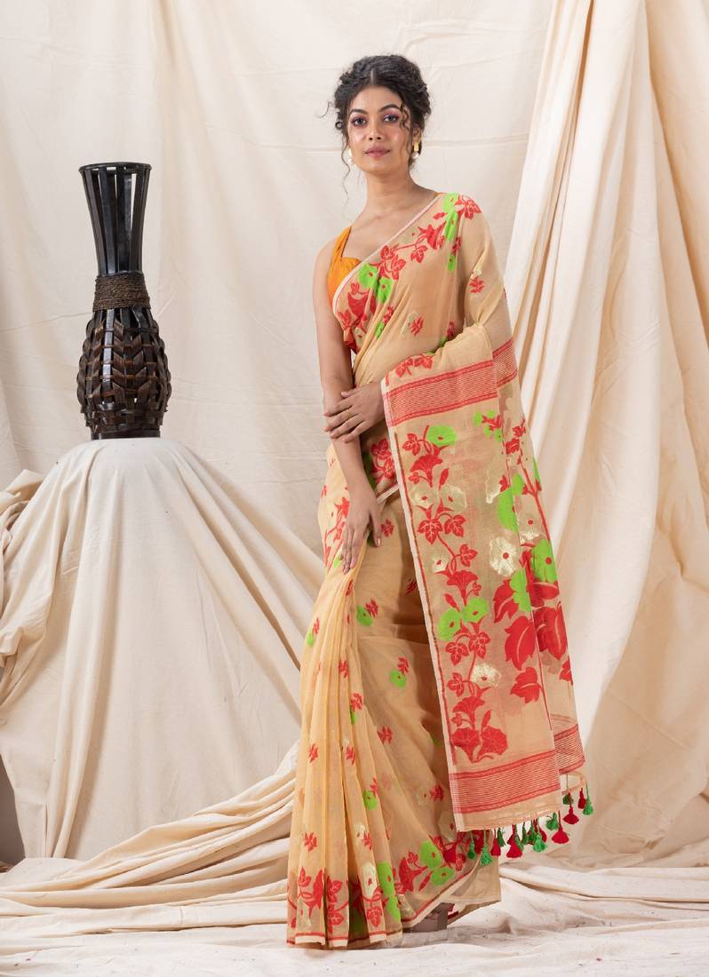 Traditional Tan Flower Soft Dhakai Jamdani Saree Without Blouse