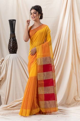 Traditional Yellow Cotton Blend Handloom Saree