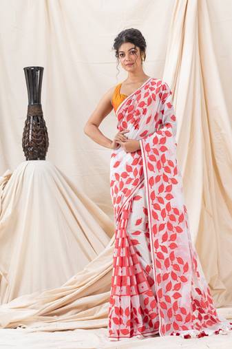 Traditional White Red Leaf Soft Dhakai Jamdani Saree Without Blouse
