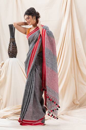 Traditional Grey Handloom Soft Linen Saree