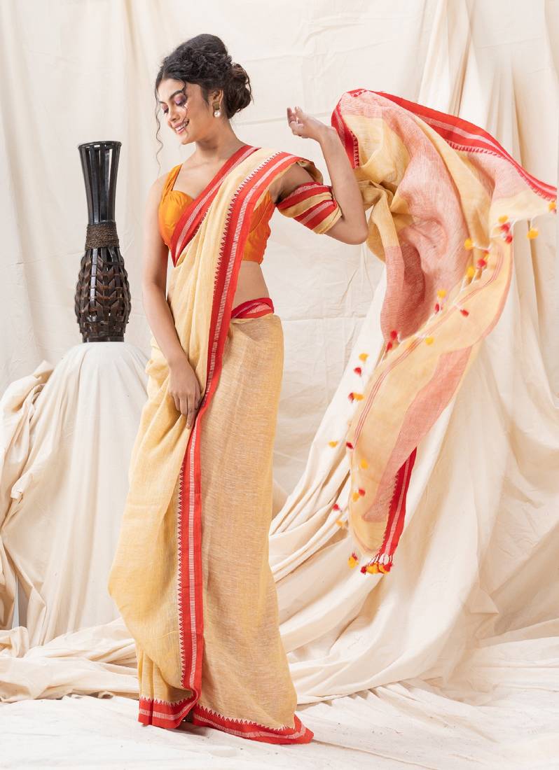 Traditional Naple Yellow Handloom Soft Linen Saree