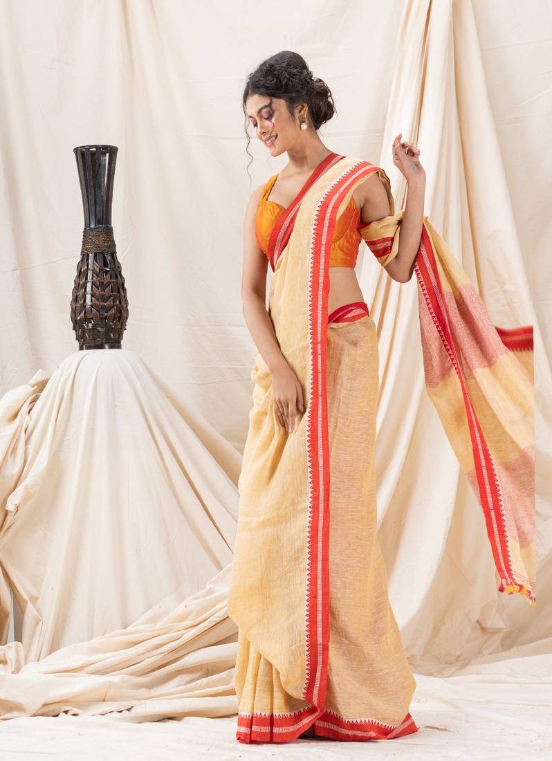 Traditional Naple Yellow Handloom Soft Linen Saree