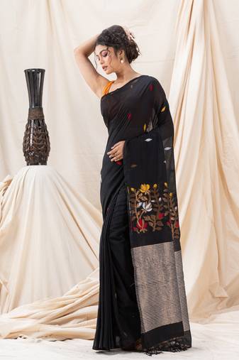 Traditional Black Soft Cotton Jamdani Saree