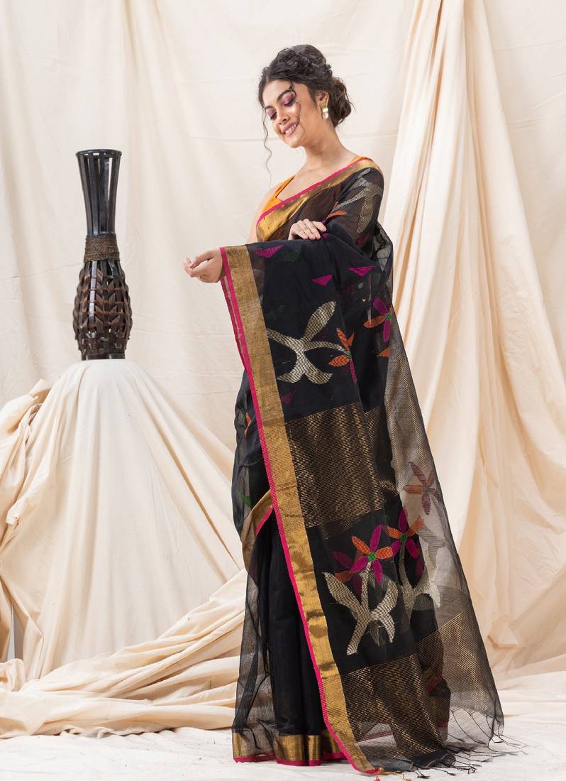 Traditional Black Cotton Silk Fancy Jamdani Saree