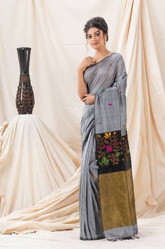 Traditional Silver Grey Soft Cotton Jamdani Saree