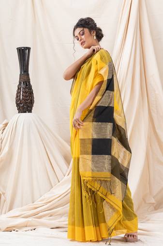 Traditional Yellow Cotton Blend Handloom Saree