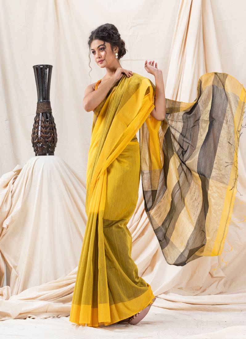 Traditional Yellow Cotton Blend Handloom Saree