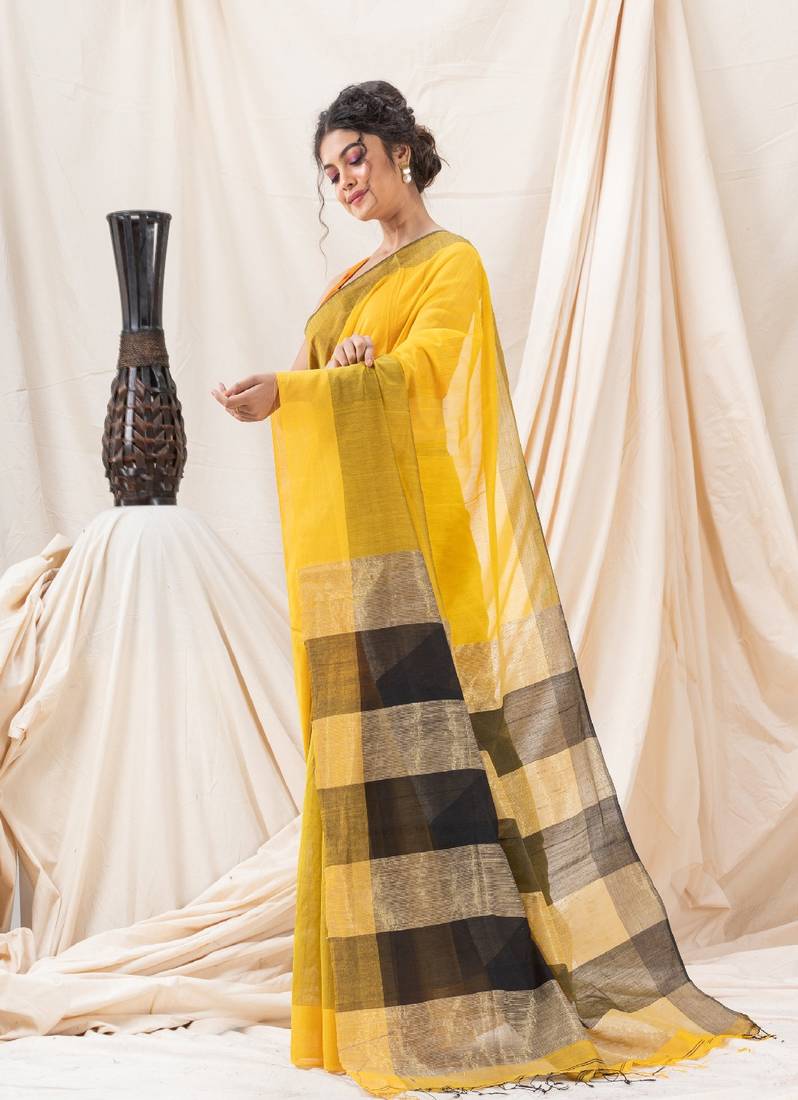 Traditional Yellow Cotton Blend Handloom Saree