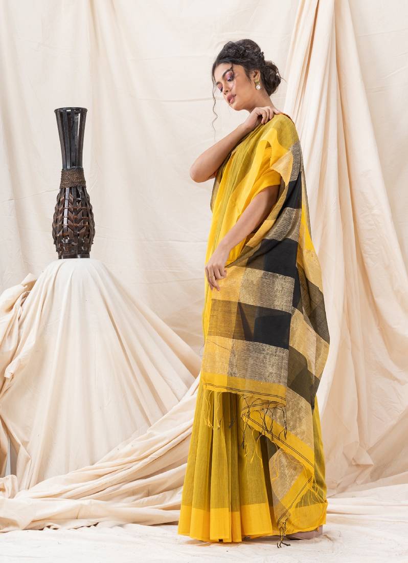 Traditional Yellow Cotton Blend Handloom Saree