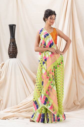 Traditional Lime Green Ball Soft Dhakai Jamdani Saree Without Blouse
