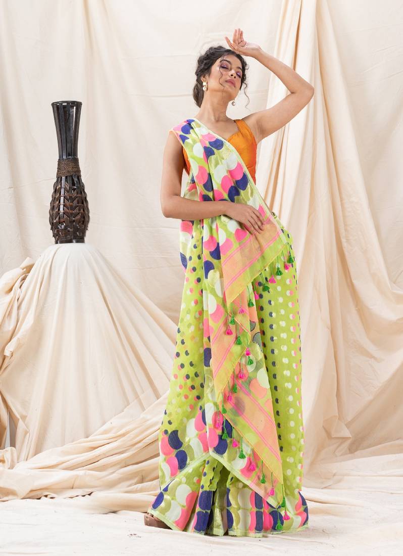 Traditional Lime Green Ball Soft Dhakai Jamdani Saree Without Blouse