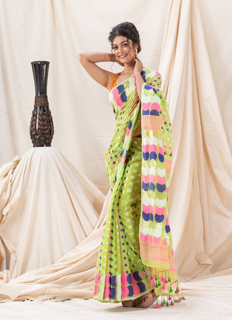 Traditional Lime Green Ball Soft Dhakai Jamdani Saree Without Blouse