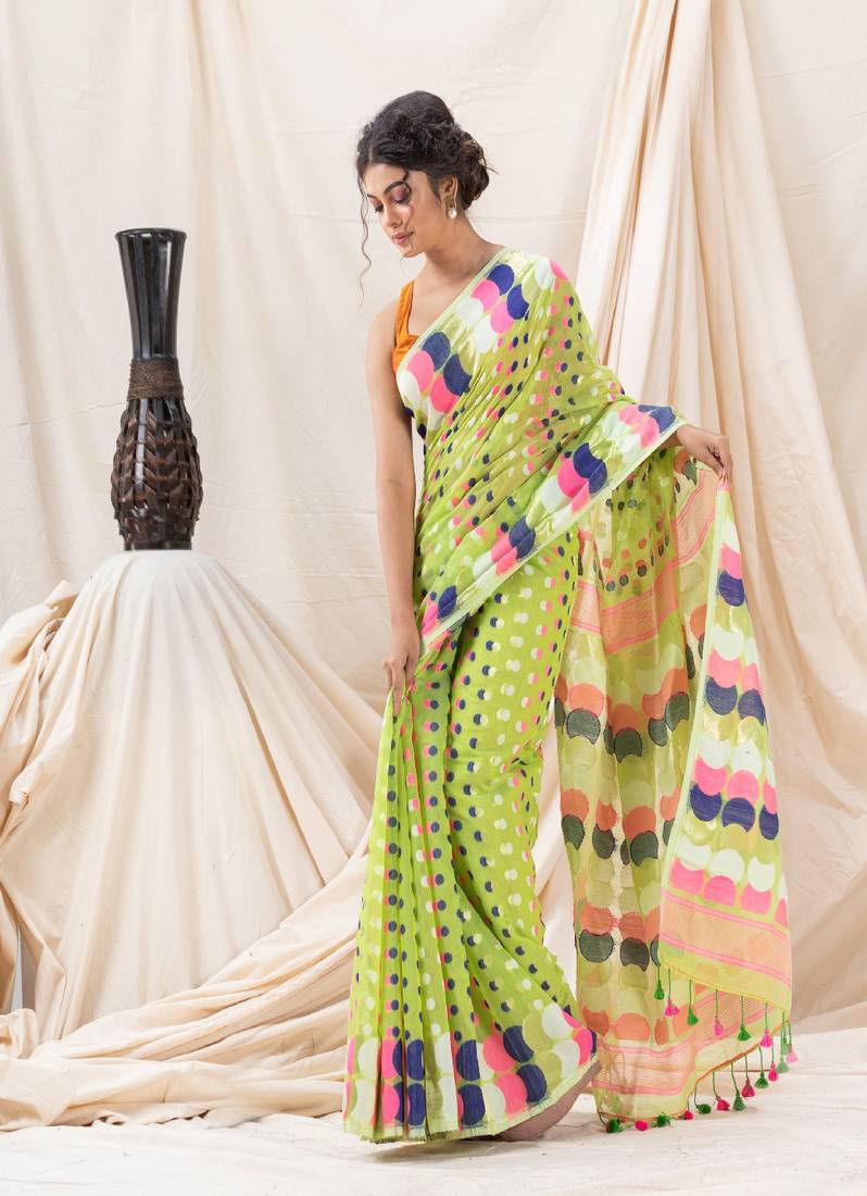 Traditional Lime Green Ball Soft Dhakai Jamdani Saree Without Blouse