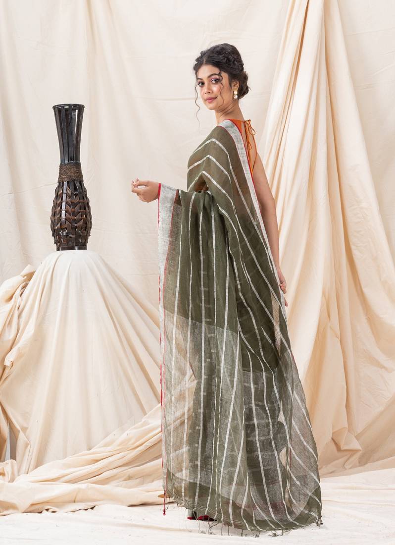 Traditional Dried Moss Handloom Soft Linen Saree