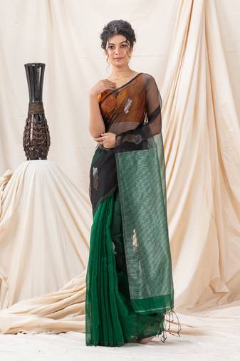 Traditional Black Dark Green Cotton Silk Fancy Jamdani Saree