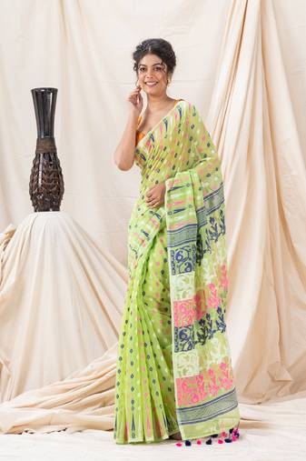 Traditional Lime Soft Dhakai Jamdani Saree Without Blouse