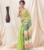 Traditional Lime Soft Dhakai Jamdani Saree Without Blouse