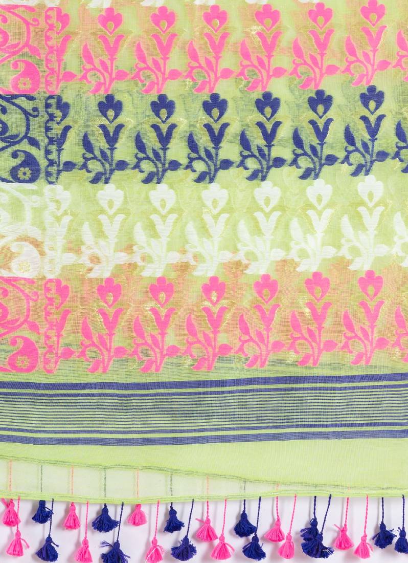 Traditional Lime Soft Dhakai Jamdani Saree Without Blouse