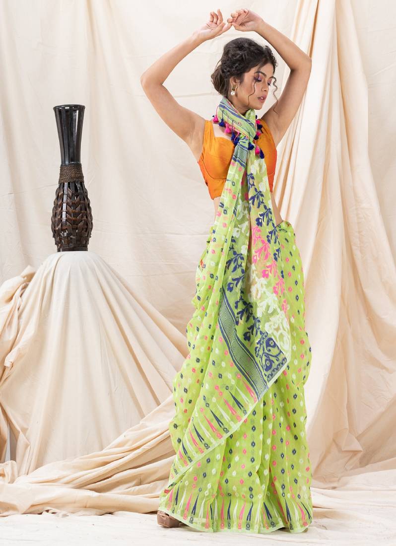 Traditional Lime Soft Dhakai Jamdani Saree Without Blouse