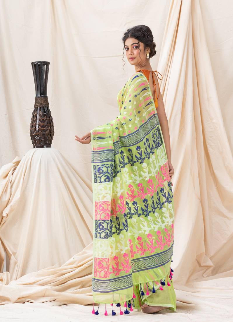 Traditional Lime Soft Dhakai Jamdani Saree Without Blouse