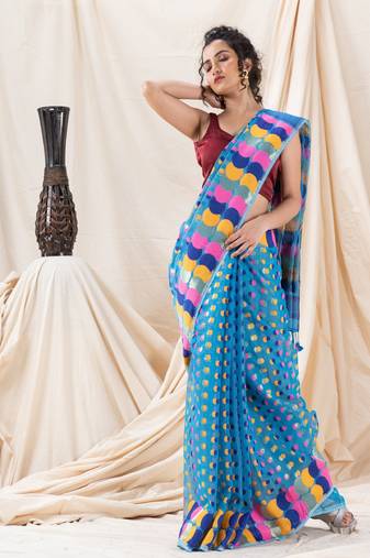 Traditional Sky Blue Ball Soft Dhakai Jamdani Saree Without Blouse