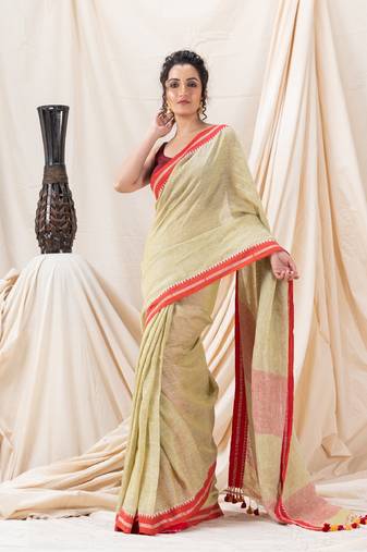 Traditional Ecru Linen Tangail Saree