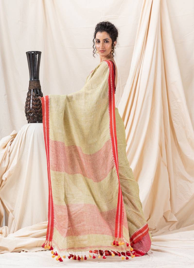 Traditional Ecru Linen Tangail Saree - Angoshobha - 4169417