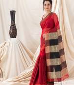 Traditional Red Cotton Blend Handloom Saree