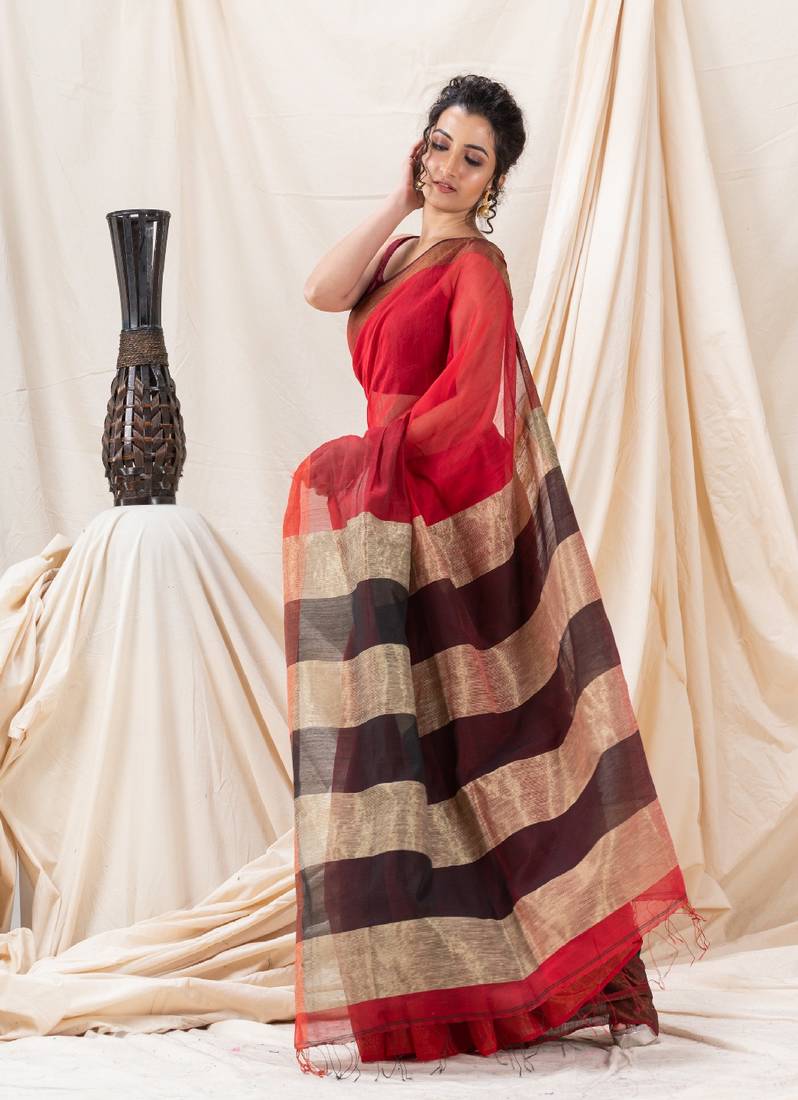Traditional Red Cotton Blend Handloom Saree