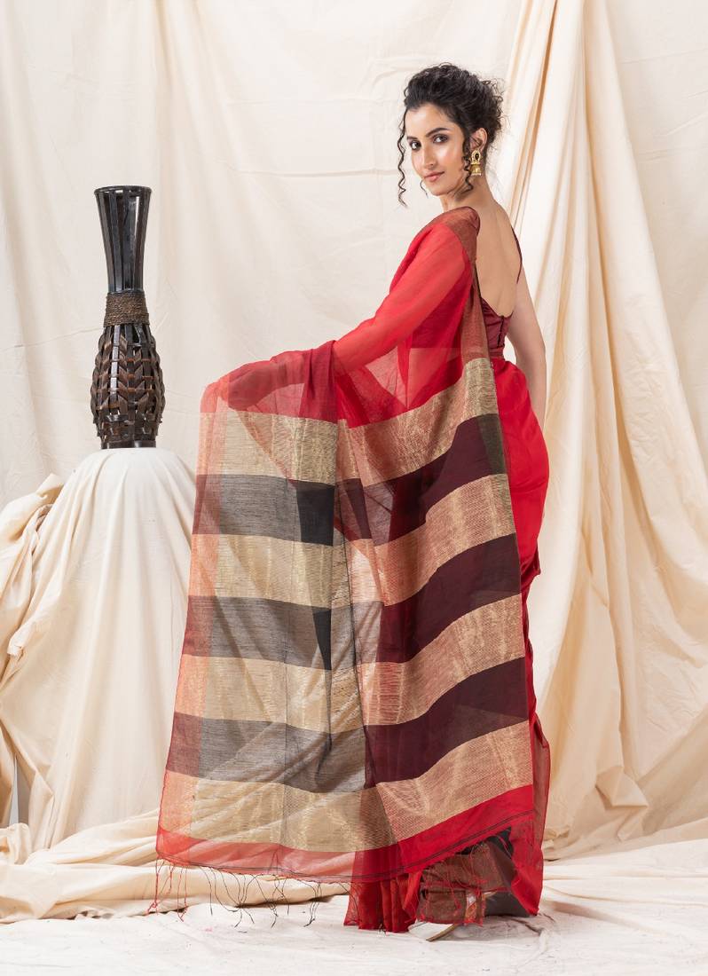 Traditional Red Cotton Blend Handloom Saree