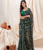 Traditional Dark Slate Grey Motka Silk Sequin Soft Jamdani Saree