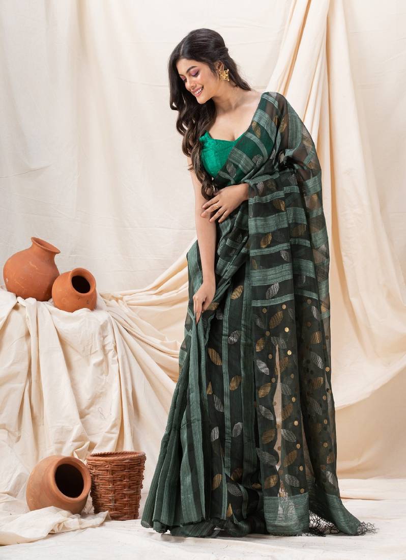 Traditional Dark Slate Grey Motka Silk Sequin Soft Jamdani Saree