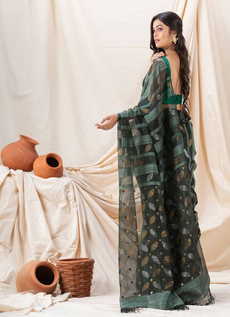 Traditional Dark Slate Grey Motka Silk Sequin Soft Jamdani Saree