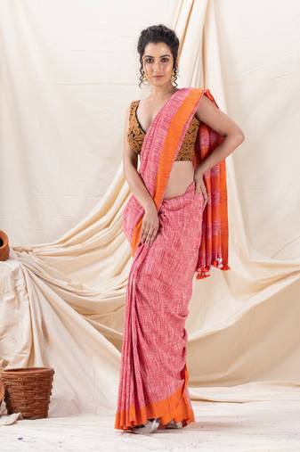 Traditional Orange Cotton Tai Dye Saree