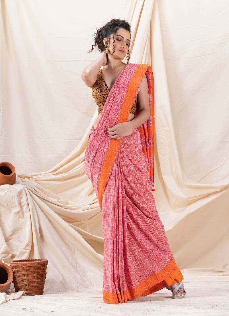 Traditional Orange Cotton Tai Dye Saree